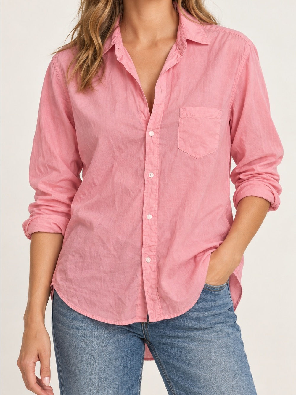 Frank & Eileen Woven Button-Up Shirt Long Sleeve Pink USA Made Pockets Relaxed M
